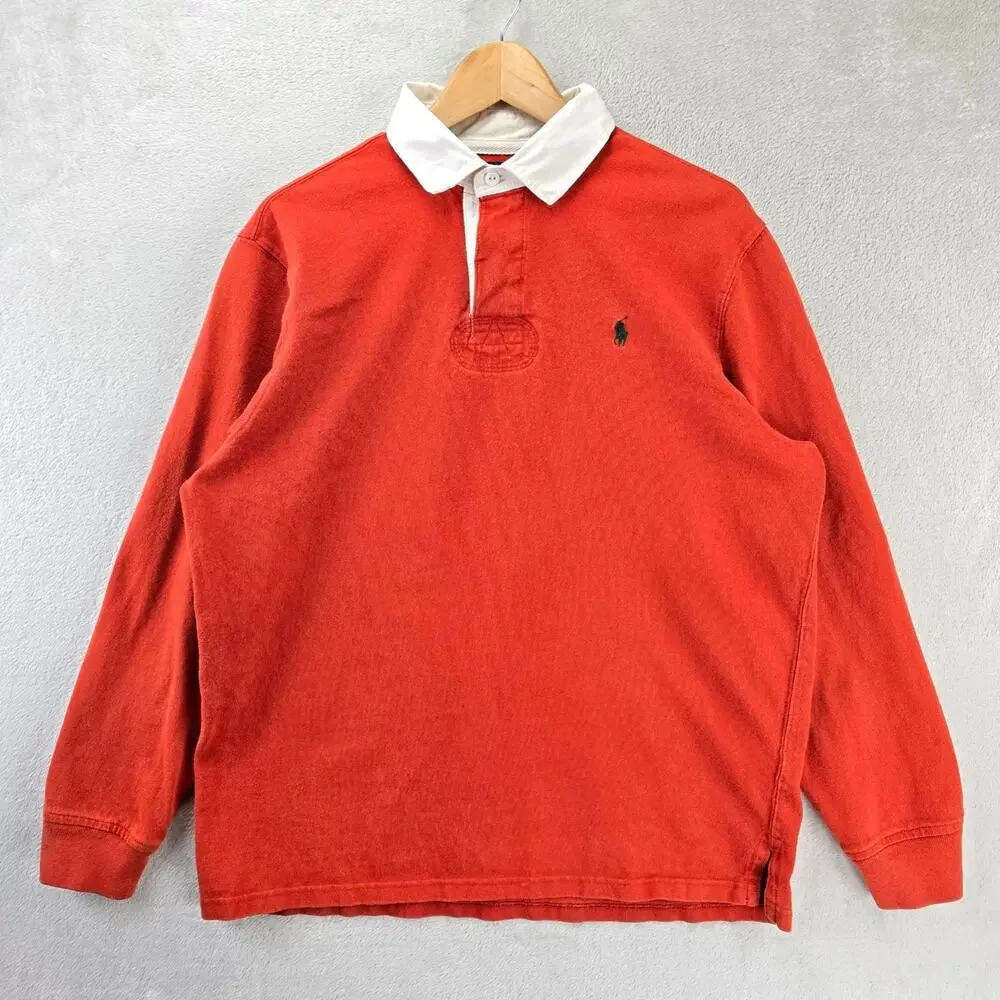 Polo Ralph Lauren Rugby Polo Shirt Mens Large Orange Long Sleeve Pony Logo